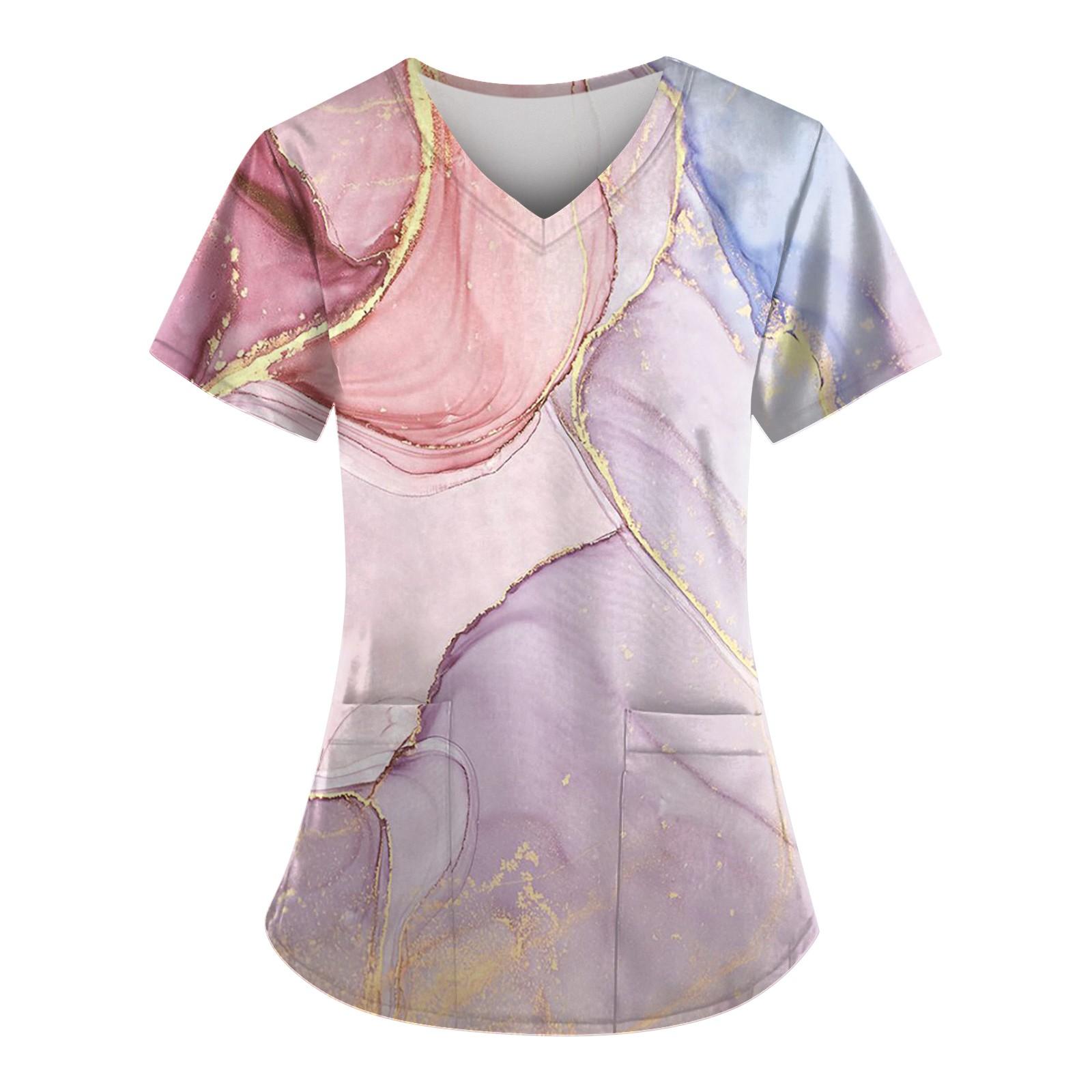 

Женская мода, рабочая одежда с v-образным вырезом, короткими рукавами и карманами, топы с принтом, летние топы для женщин XXXXL розовый