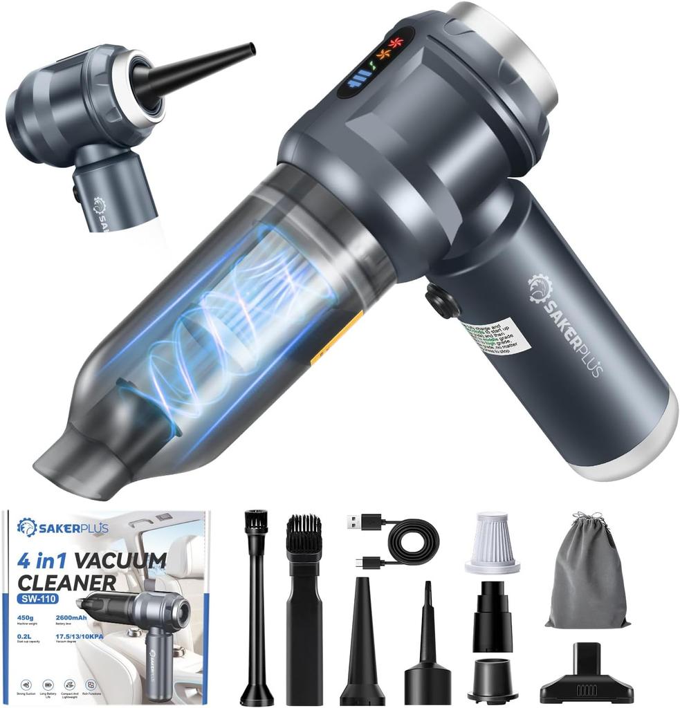 4-in-1 Rechargeable Car Vacuum Cleaner with LED Light & Multi Nozzles – High Power, Portable, for Car, Home, Office