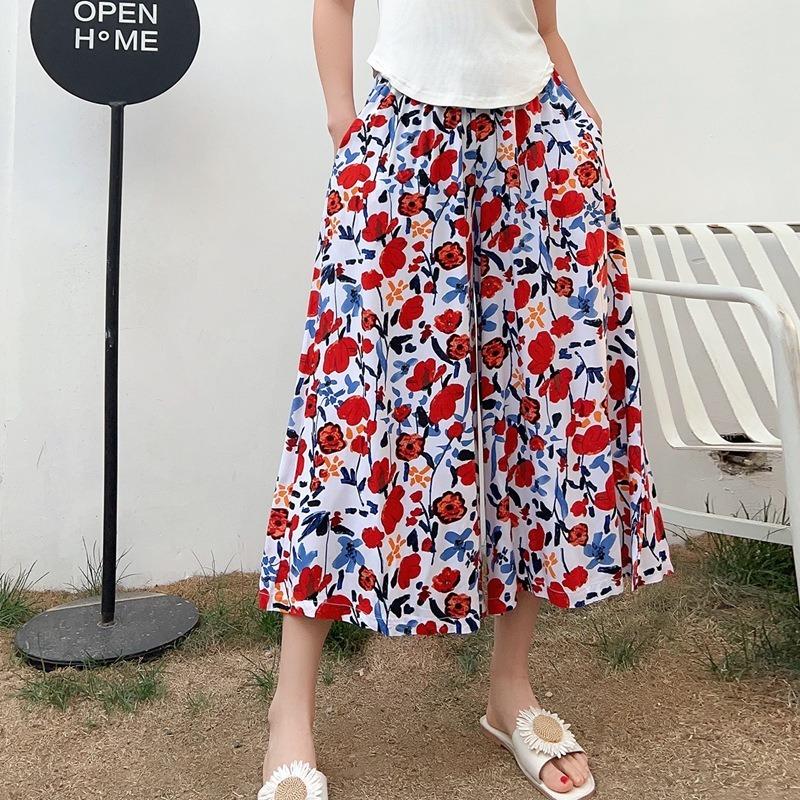 Damen Frühling und Sommer Neu Süßes Blumenmuster Draußen Tragen Baumwolle Locker Freizeit Neun-Minuten-Hose Rock Hose