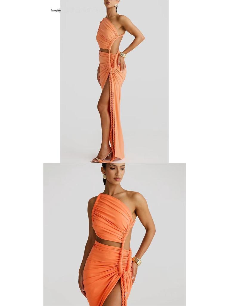 Women's One-Shoulder Ruffled Bandeau Dress: Sexy Summer Backless Split Long Dress