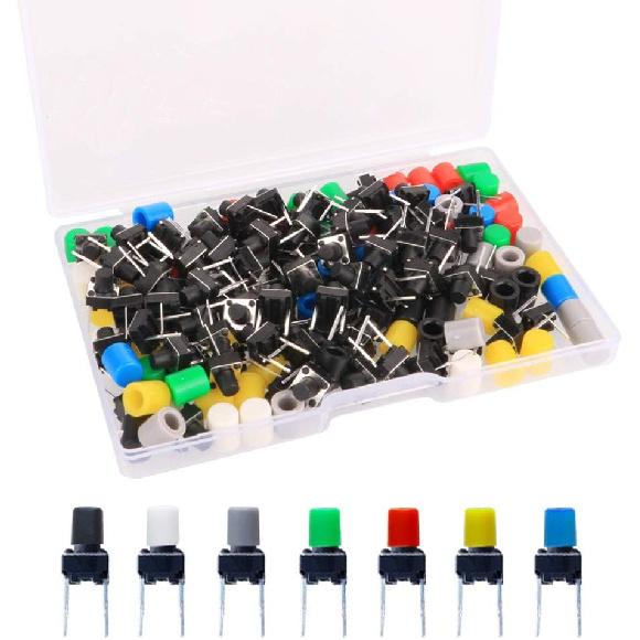 84Pcs 6×6×8mm Momentary Tactile Tact Push Button Switch with Button Caps of 7 Color,Each Color 12pcs(Black,Red,Blue,Yellow,White, Green,Gray) for