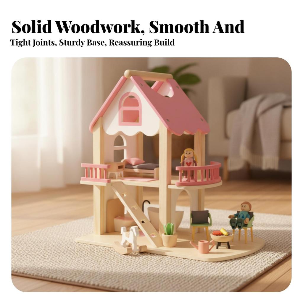 Pink Wooden Dollhouse | Multi-Level Open Layout, with Stairs, Toy, for