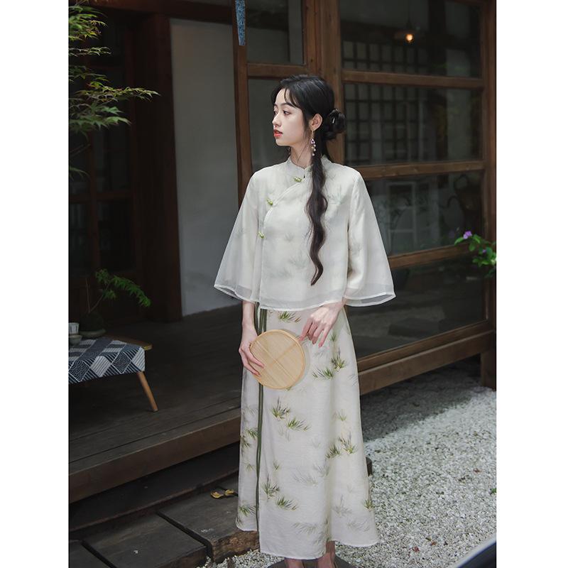 2024 Elegant Summer Fairy Zen Cheongsam Top & Chinese Style Women's Clothing Set