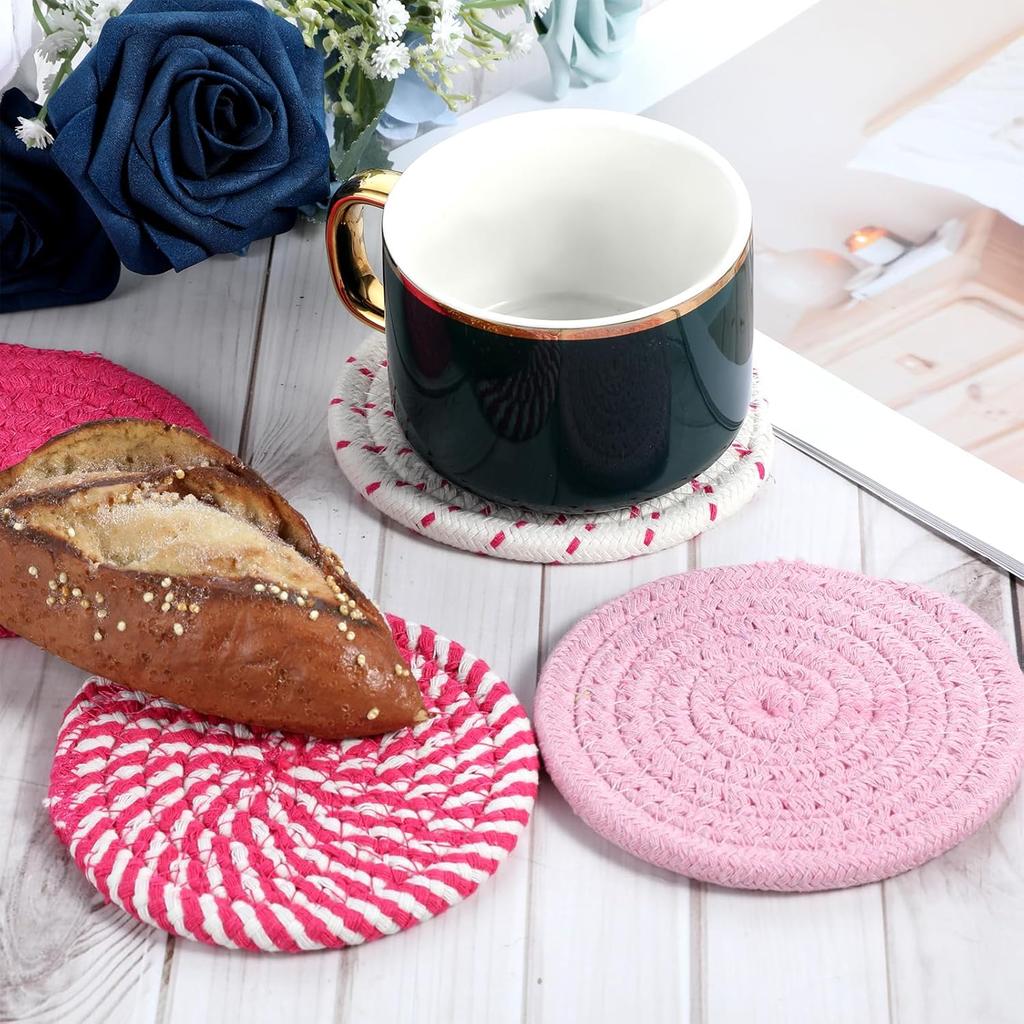 4PCS Round Cotton Coasters, Handmade Woven Drink Coasters, Minimalist Absorbent Coaster for Tabletop Protection and Home Decor, Bohemian Coaster for