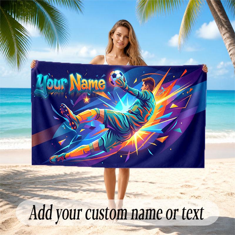 Soccer Theme Beach Towel Personalized Custom Name & Text Soft Quick Dry Beach Towel for Swimming Travel