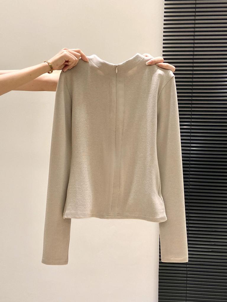 European-Style Slim-Fit Women's Zipper Collar Long-Sleeve T-Shirt, Brushed Warm Inner Layer for Autumn/Winter, Elegant Ins Style Base Top