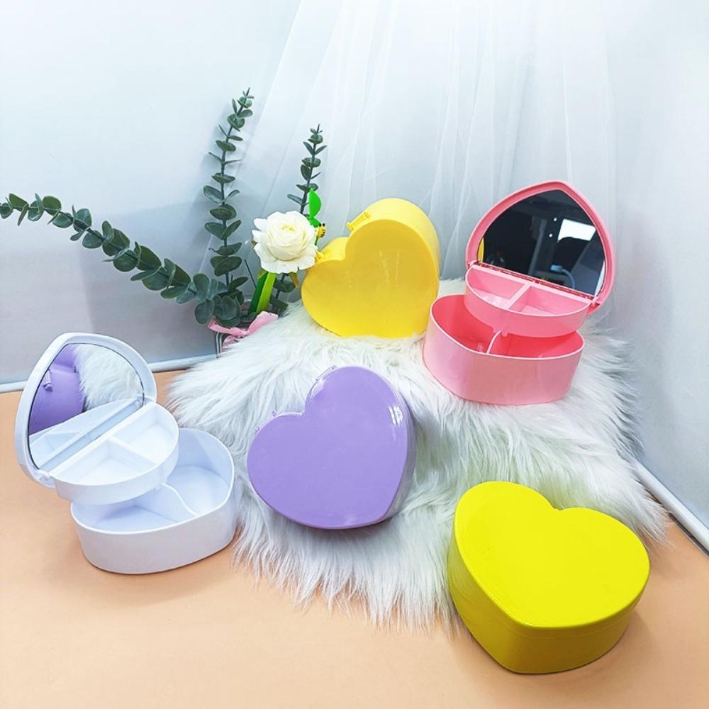 Large Capacity Heart Shape Jewelry Box with Mirror Plastic Jewelry Case Boxes Solid Color Portable Jewelry Organizer Display