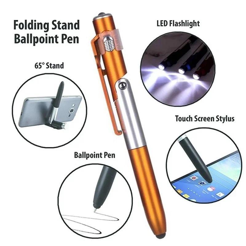 HdoorLink 4 In 1 Multifunction Ballpoint Pen with LED Light Fold Phone Holder Night Read Writing Pencil Office School Student Stationery