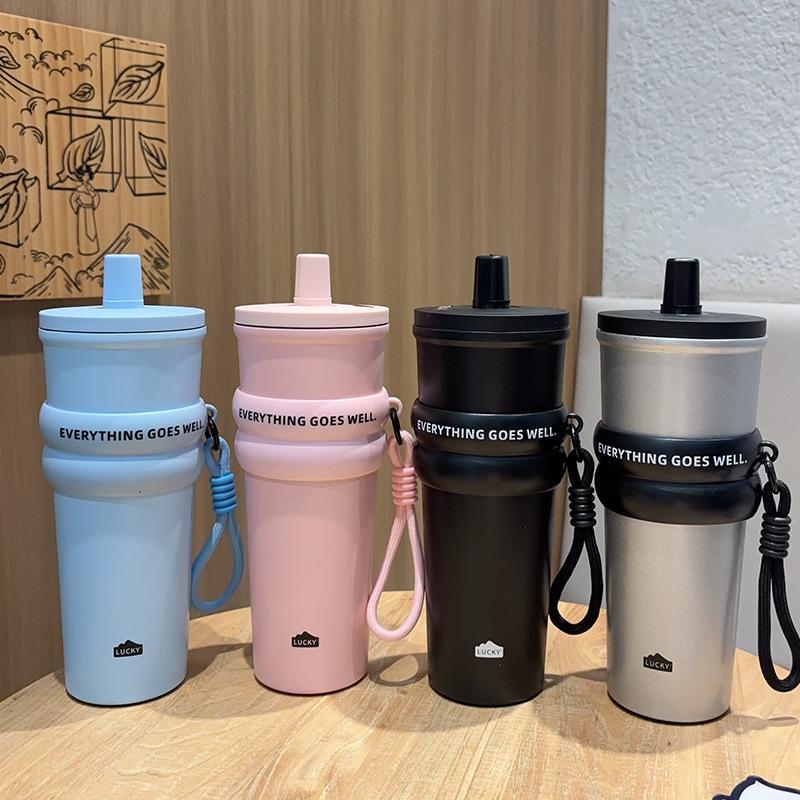 710ml Mode Edelstahl 304 Thermoskanne mit Strohhalm Auslaufsicher Kaffee Tee Kaltgetränk Auto Thermoflasche Reisebecher