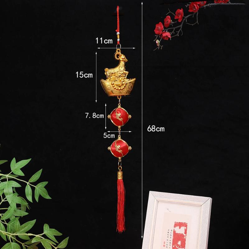 1PcsChinese New Year Golden Goat Hanging Decorations With Lucky Fu Elements Red Tassels For Spring Festival Home Wall Car Decor