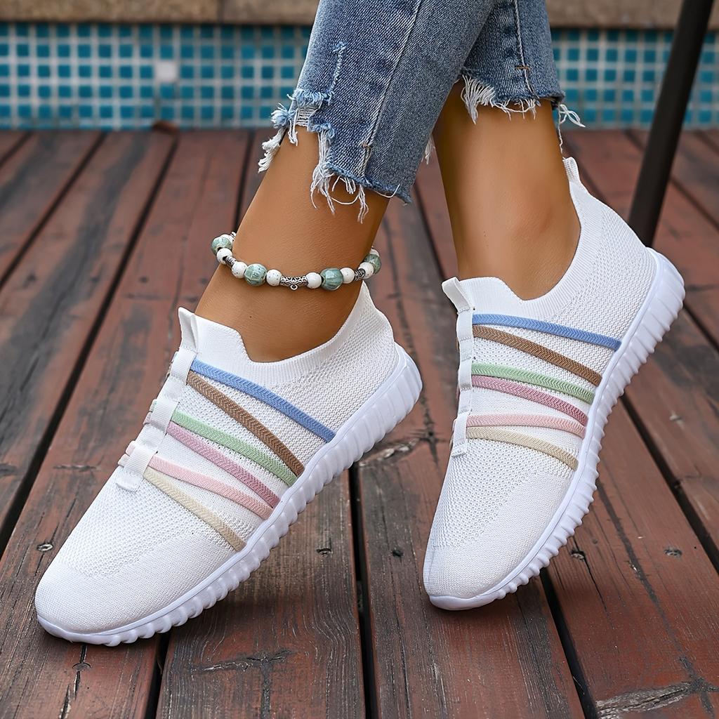 Women'S Casual Slip-On Sneakers - White Fabric Upper with Colorful Strap Design, Low Top, EVA Sole, All-Season Comfort Shoes, Casual Footwear