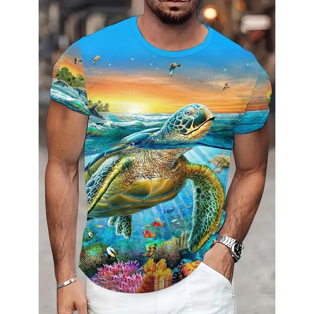 Underwater World Men's T-Shirt Realistic Sea Creatures 3D Print Short Sleeve Fashion Casual Travel Men's Loose O-Neck Breathable T-Shirts