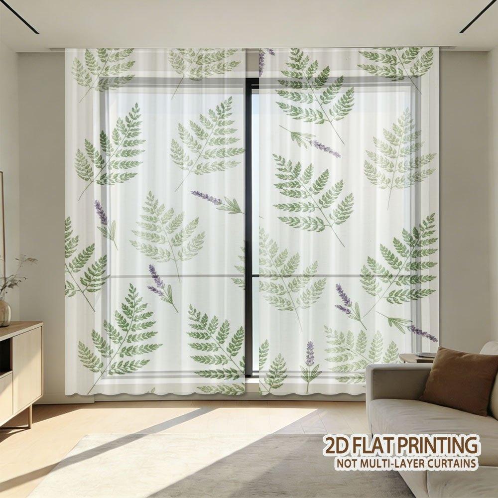 2PCS Digital Printed Sheer Curtain, Fresh Fern Fragrance Theme, Botanical Woodland Green for Living Room Bedroom Home Decor