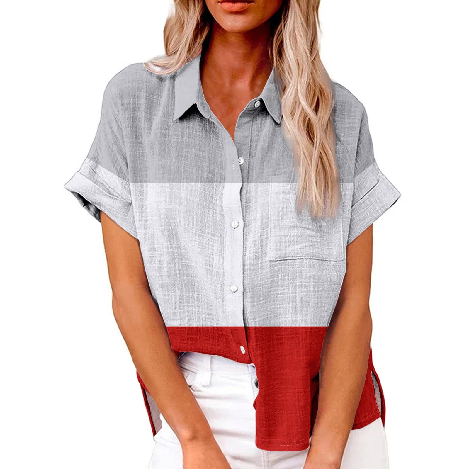 Женская модная свободная повседневная рубашка с короткими рукавами и отворотами — фото 12