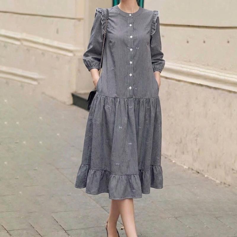 ZANZEA Damen Freizeit Rundhals 3/4 Ärmel Locker Gestreiftes Kleid