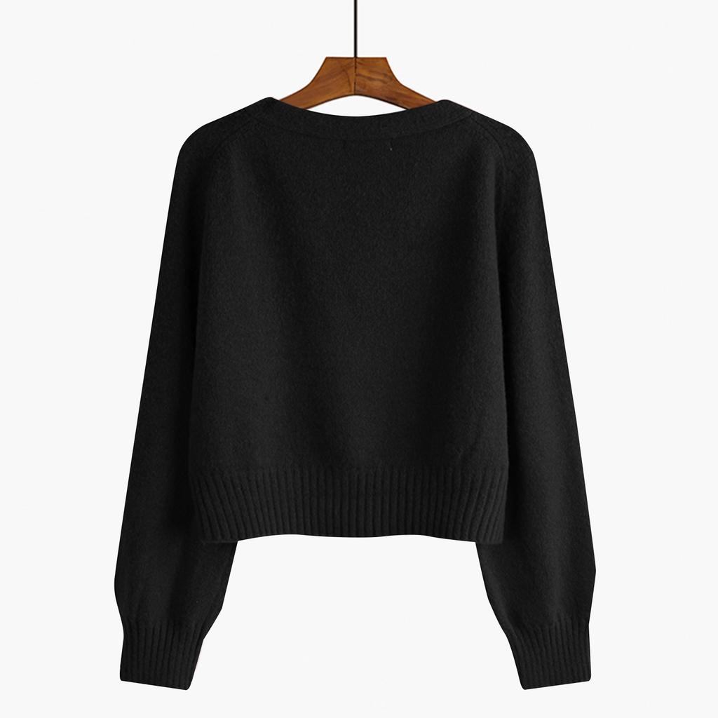 Women's Solid Color V-neck  Breasted Short Loose Cardigan Sweater Jacket