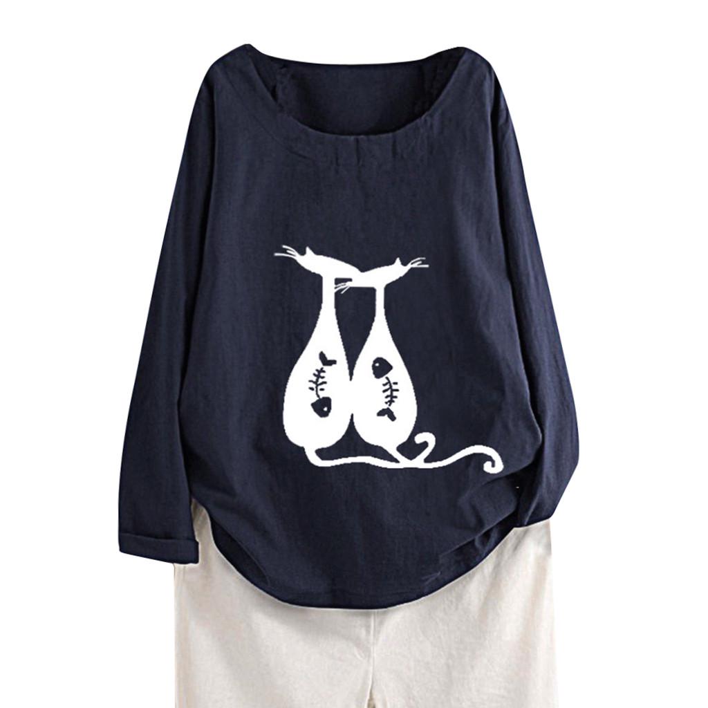 Buy Women Casual Cotton And Linen Cats Print Long Sleeves ONeck Loose