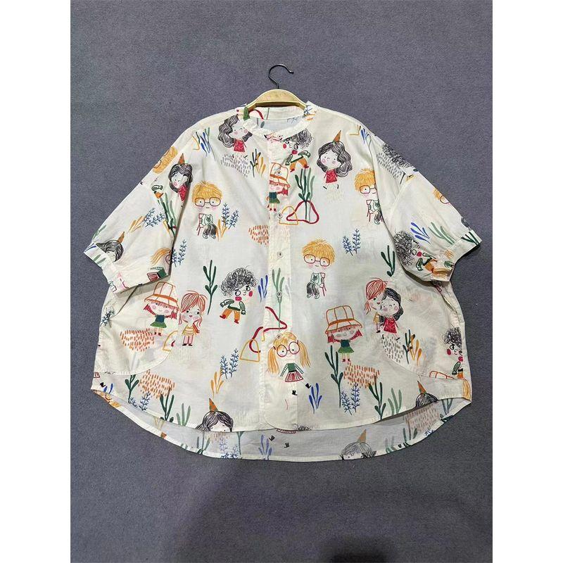 

Японская женская рубашка с коротким рукавом и принтом, лето 2024, новинка, милая рубашка из тонкого хлопка с воротником-стойкой, больших размеров, стройнящая White All yards