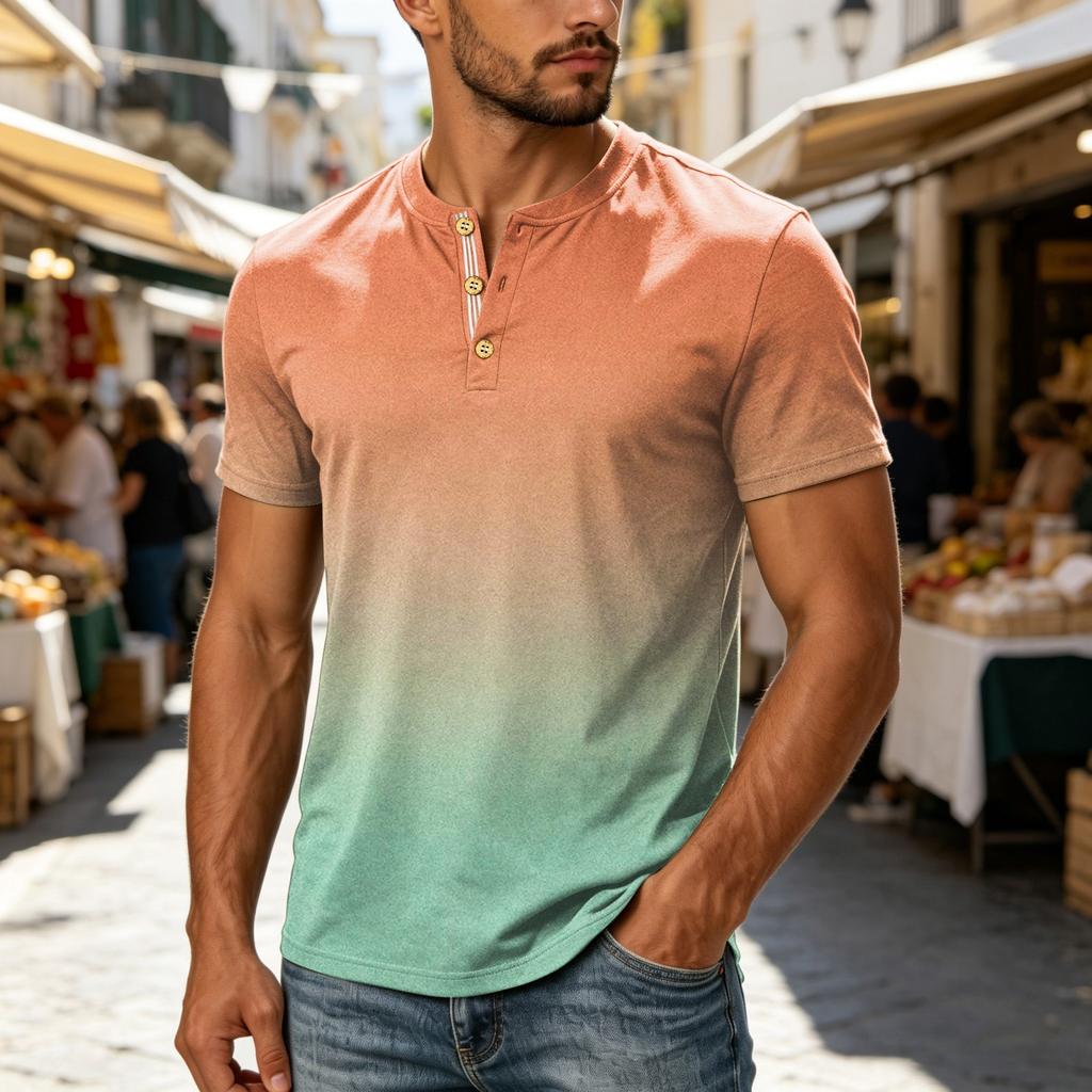 Men's Short Sleeve Henley Shirt Casual Button Up Top Lightweight Breathable Cotton Blend Summer Tee