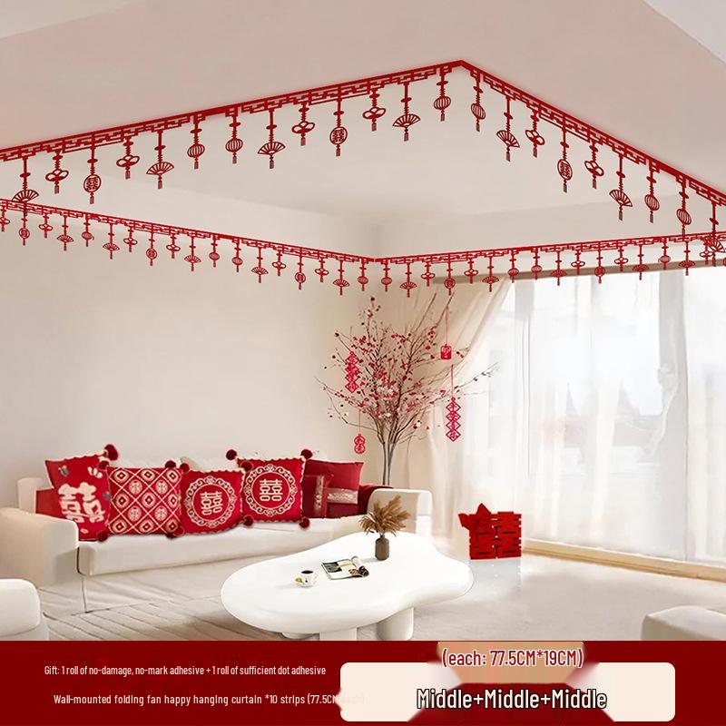Wedding Room Decoration Set: Double Happiness Ceiling and Groom's Arrangement