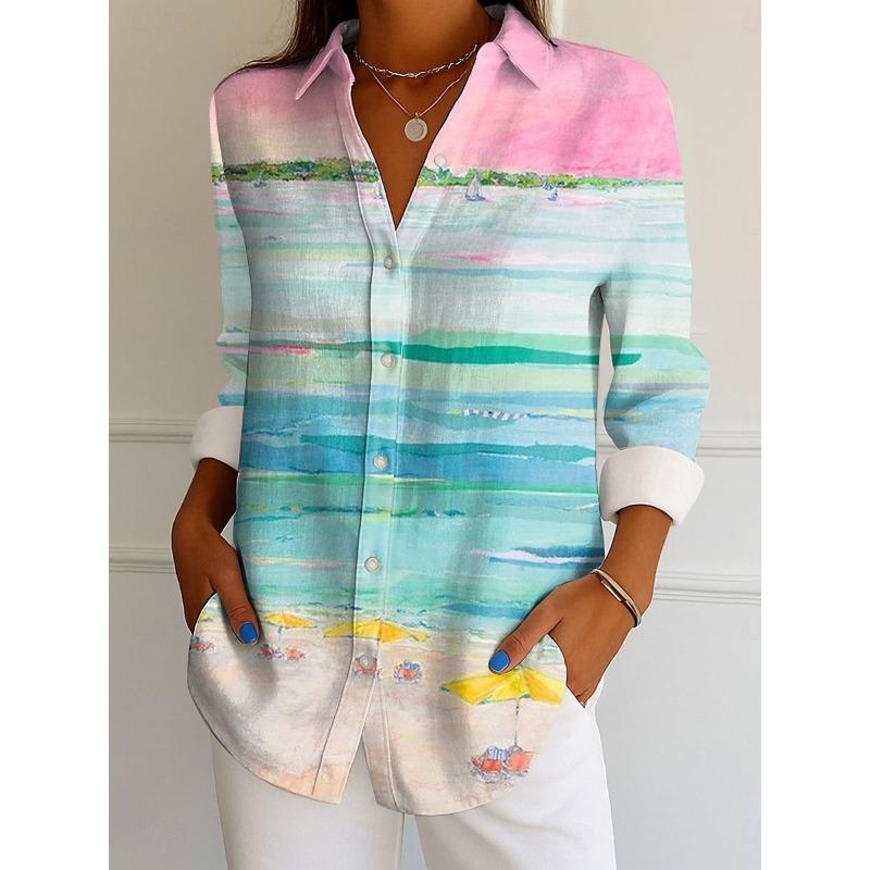 Damenhemd Ombre Grafik Elegant Vintage Tropisch Langarm Hemdkragen Reguläre Oberteile Arbeit Knöpfe Druck Sommer Frühling