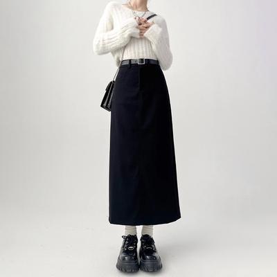Faldas por debajo de la rodilla con traje dividido para mujer, falda acampanada de cintura alta ajustada, elegante, informal, para oficina, estilo coreano, Vintage, negro
