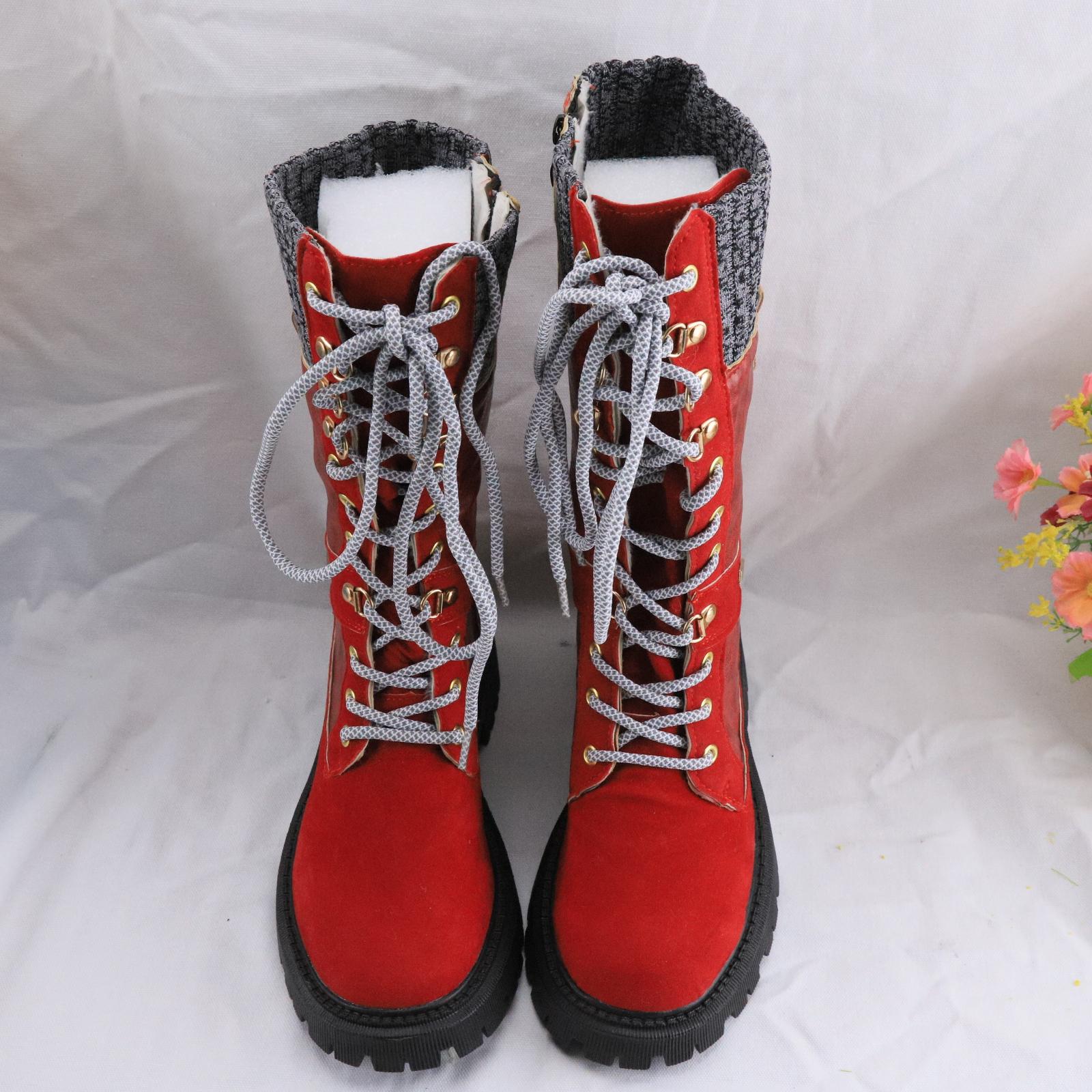 

Зимние теплые ботильоны с круглым носком, на низком каблуке, с боковой молнией, винтажные ботинки на платформе, женские ботинки большого размера, повседневные вязаные ботинки средней высоты на шнуровке 42 красный