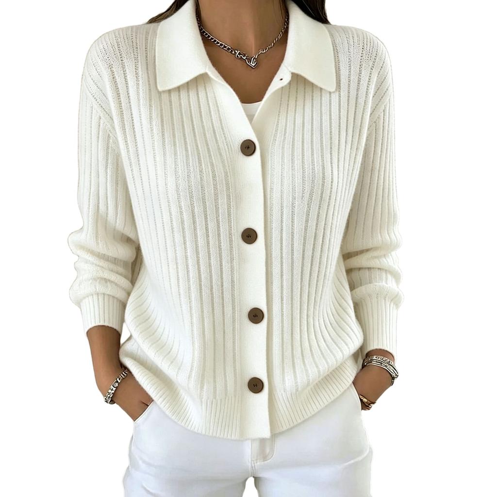Women's Knit Cardigan with Collar for Fall Winter Layering Stylish Relaxed Open Front Sweater