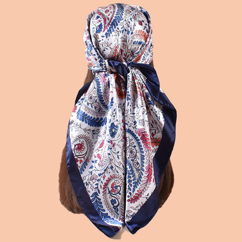 

New Women Paisley Print Square Scarf Soft Satin Bandana Vintage Windproof Head Wrap Shawl Imitation Silk Travel Beach Towel 90X90cm