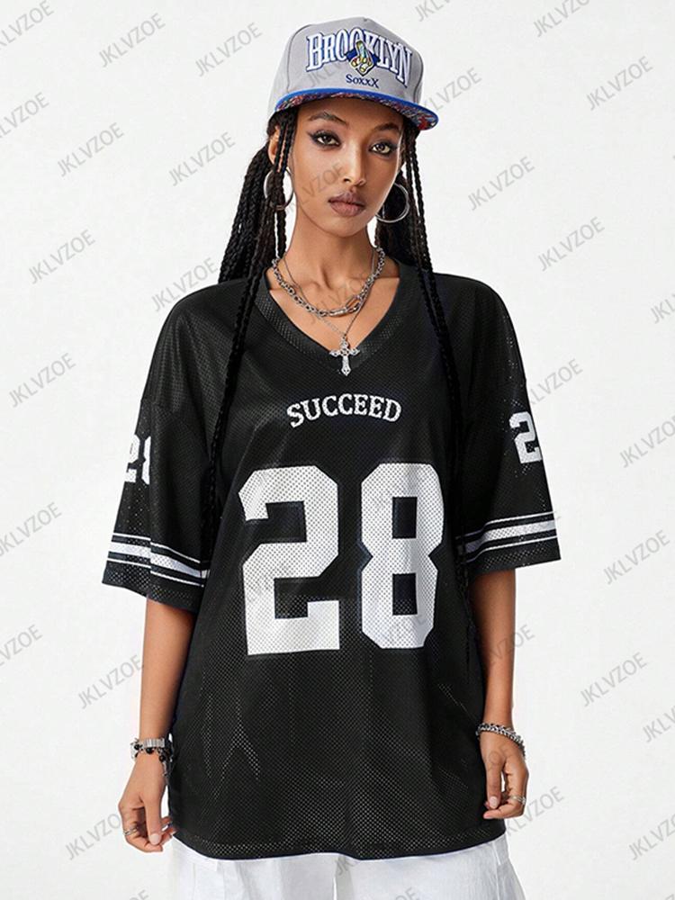 2025 Summer New Blue Succeed Print T-Shirt For Women V-Neck Short Sleeve Sports Football Jersey Y2K Casual Loose Oversized Tops