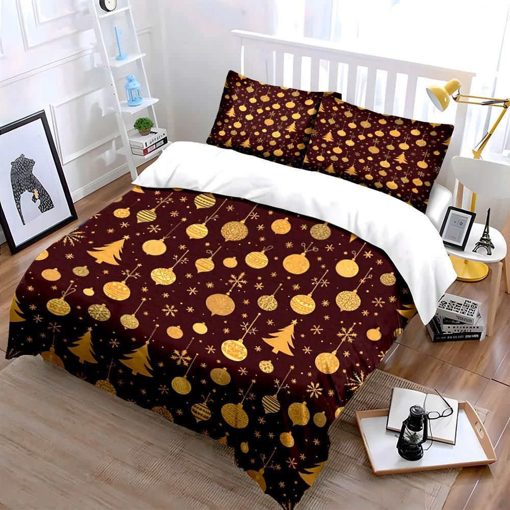 Golden Christmas Ornaments Print Bedding Duvet Cover Set Duvet Cover Pillowcases (1*Duvet Cover 2*Pillowcases, without duvet insert)