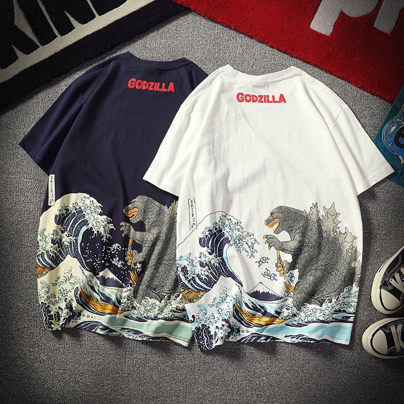Men Godzilla T-shirt Ukiyoe Japanese Traditional Wagara Wave Camiseta Basic Tops