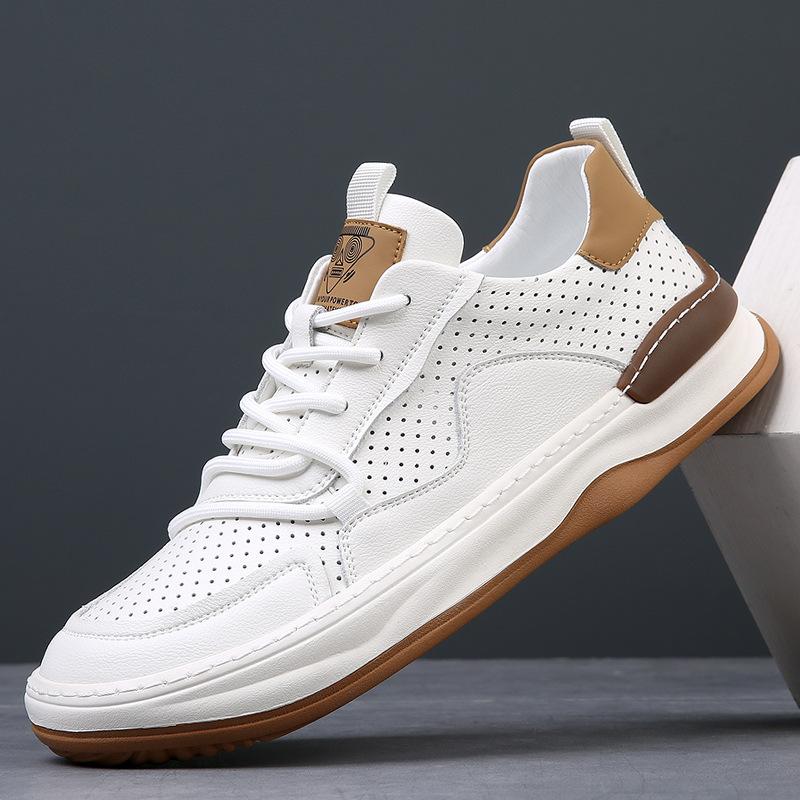 Leather Men's Shoes New Versatile Trend Little White Shoes Men's Summer Breathable Hollow Hole Leather Shoes Men's Casual Board Shoes