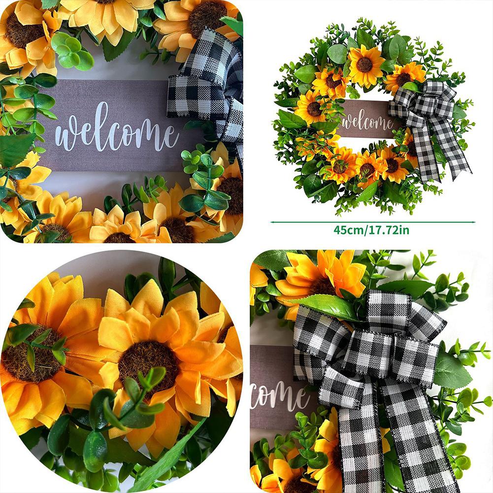 17 Inch Sunflower Wreath with Welcome Artificial Fake Flower Wreath for Front Door for Door Wall Front Porch Home Decoration