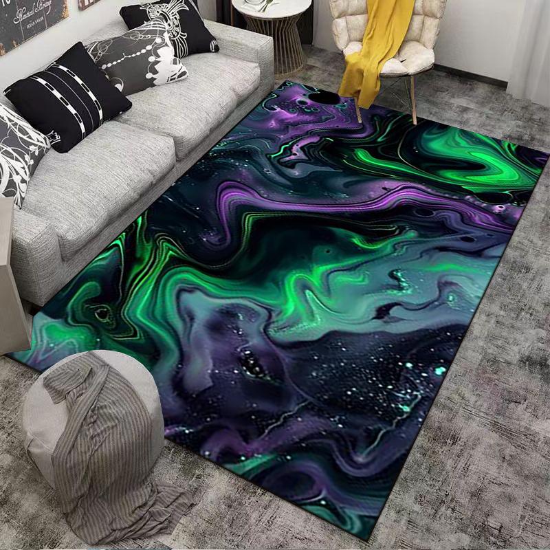 Abstract Galaxy-Inspired Carpet with Green and Purple Swirl Pattern Suitable for Use As an Anti-slip for Living Room Bedroom Sofas
