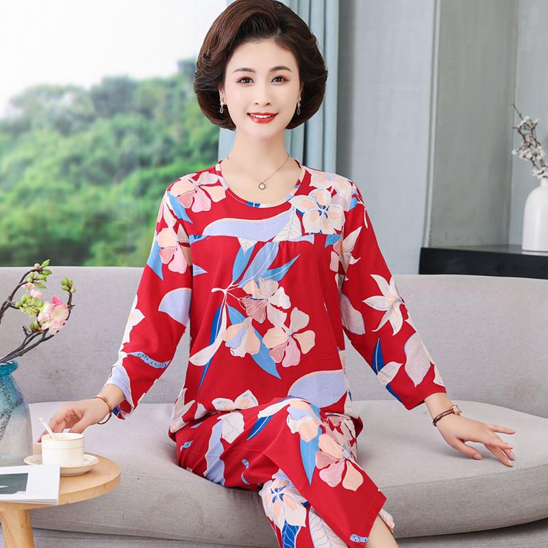 Mom Cotton and Silk Pajamas Women's Spring and Autumn Summer Long-sleeved Two-piece Set Middle-aged and Elderly Large-size Printed Loungewear Women