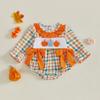 Citgeett Autumn Infant Baby Girls Bodysuit Long Sleeve Bow Pumpkin Embroidery Plaid Bodysuit Halloween Costume