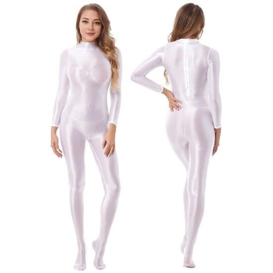 Lady Glossy Bodystocking Stretchy Sexy Full Bodysuit Long Sleeve Jumpsuit with Zipper Shiny Smooth Leotard Catsuit for Dance Practice Club Pole Dance