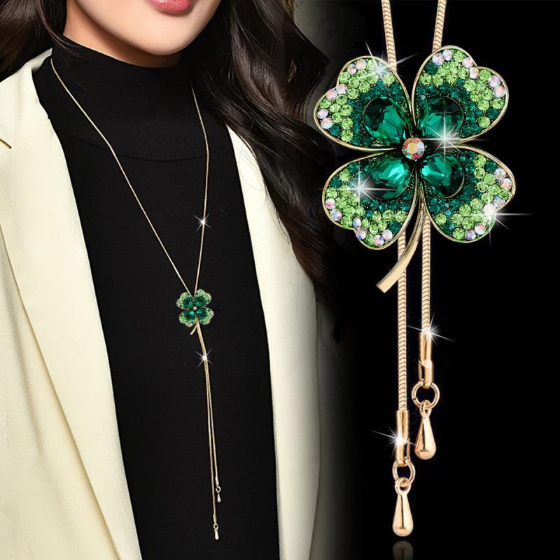 Elegant Shimmering Crystal Four-Leaf Clover Sweater Necklace