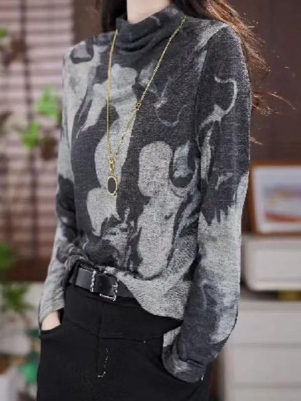 Korean Style Velvet Print Long Sleeve Tummy-Concealing Sweater - Fashionable, Age-Reducing, and Warm Mother's Outfit