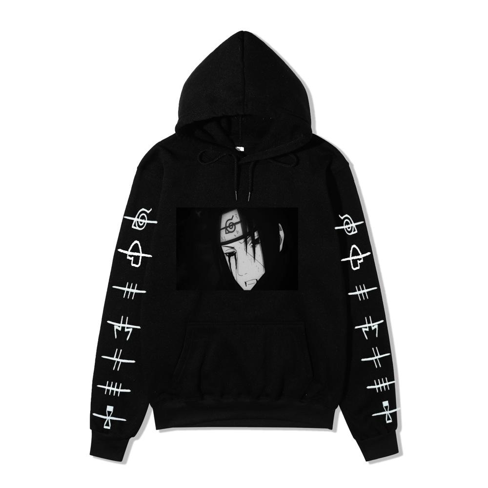 Anime Naruto Itachi Uchiha Hoodie Double Sleeve Symbol Print Character Front Print Pullover Sweatshirt Men Women Streetwear