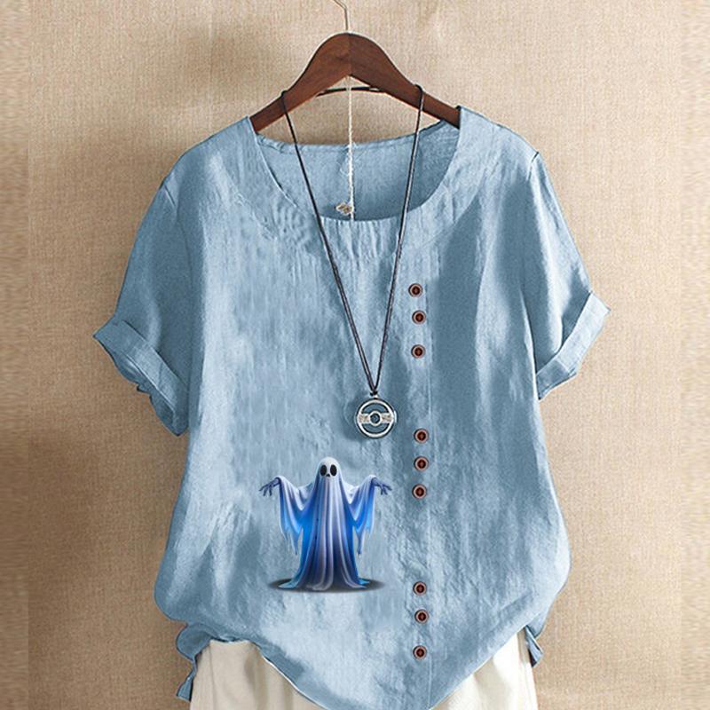 Women's Fashion Ghost Prined Round Neck Short Sleeve T-shirt Casual Cotton Linen Graphic Shirt Leisure Loose Summer Blouse Tops