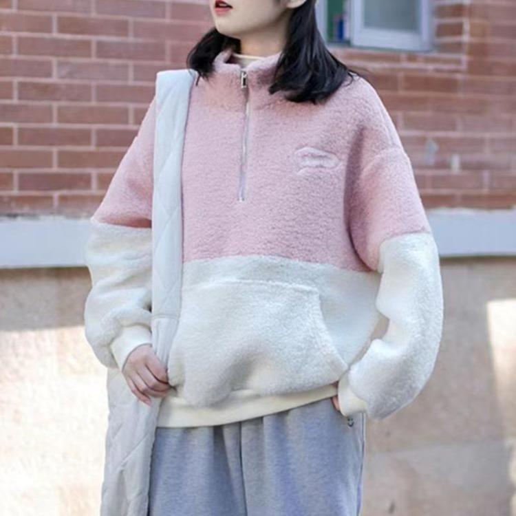 Warm Velvet Women Pullover Sweatshirt Thickened Stand Collar Half Zipper Top