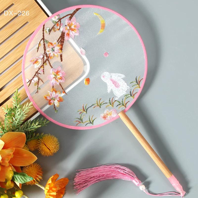 Antique Embroidery Circular Fan Chinese Style Cheongsam Fan Women's Double-Sided Embroidered Transparent round Long Handle Ancient Chinese Clothing