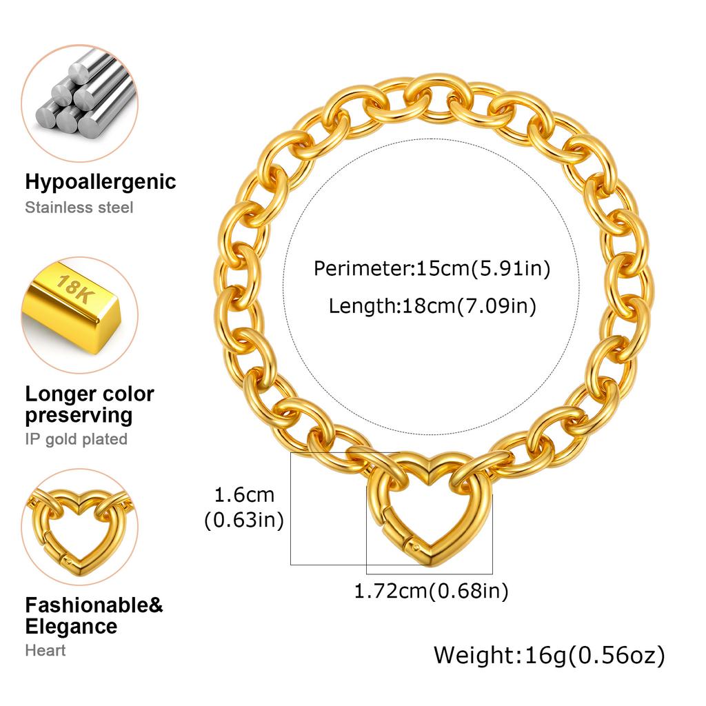 Punk Thick Chain Hollow Heart Charm Bracelets for Women, Fashion Gold Color Stainless Steel Chunk Bracelet, Jewelry for Party
