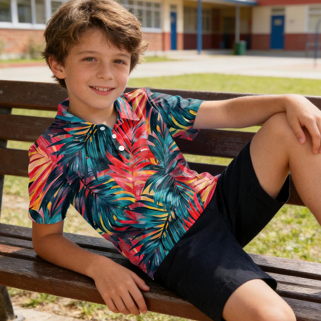 Kids Polo Shirt Quick Dry Short Sleeve Tropical Leaf Print Button Down Collar Lightweight Breathable Summer Tee for Boys Girls