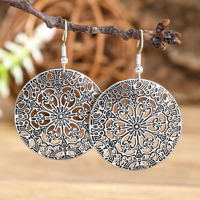 Fashion Vintage Tibetan Silver Carving Round Geometric Flower Drop Earrings Woman Retro Ethnic Boho Long Dangle Female Earrings