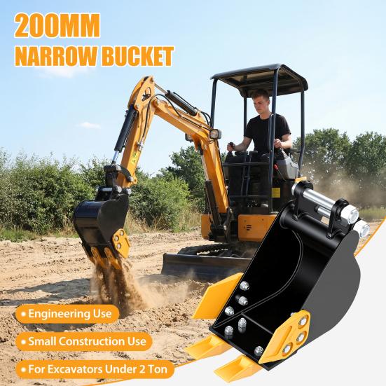 Narrow Backhoe Bucket 7.87-Inch for 0.8-1.8 Ton Mini Excavator, Manganese Steel Trenching Digging Small Excavator Attachment with Teeth, Easy