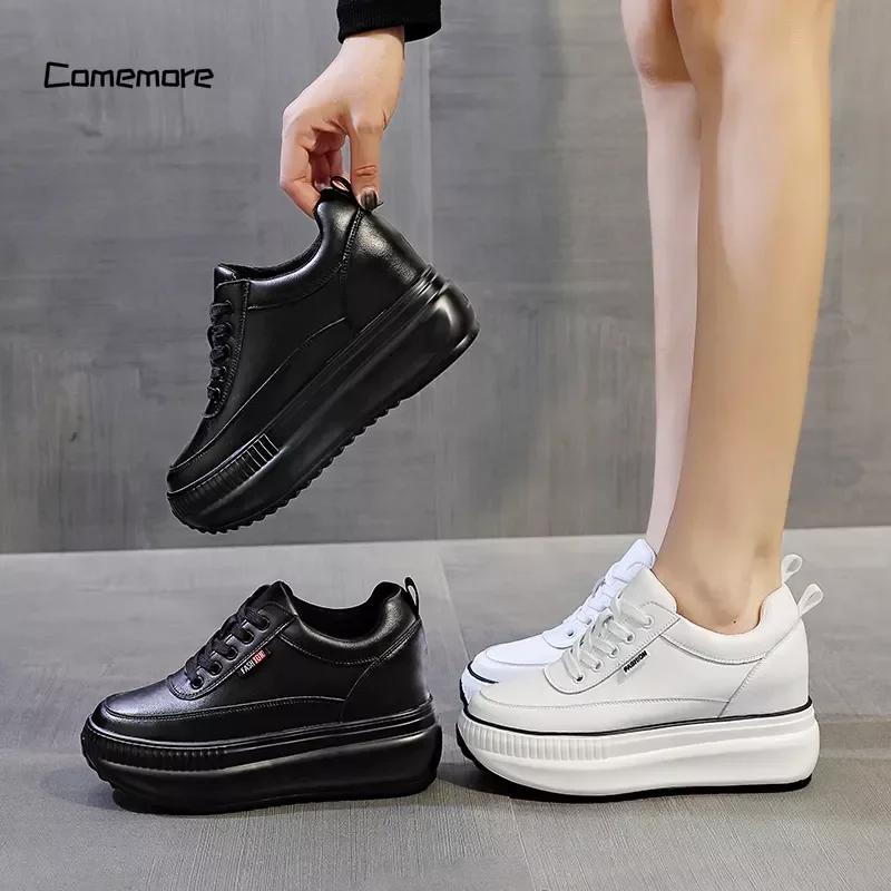 Platform Wedge Female Women 8CM Heels Sneakers Chunky Spring Autumn Shoe Women’s Genuine Leather Casual Black Shoes