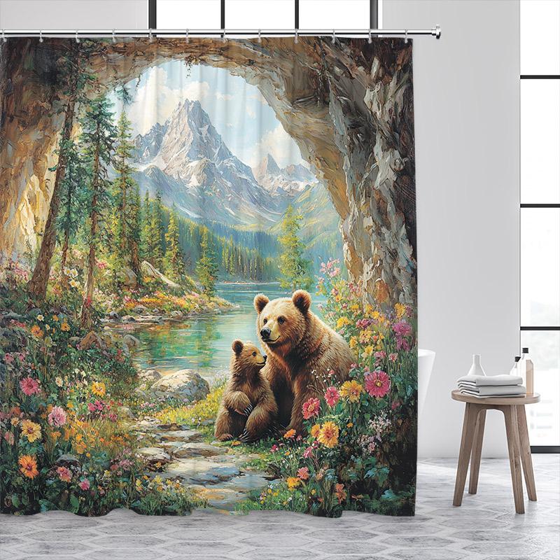 Wild Brown Bear Shower Curtains Nature Cave Animals Mountain Lakes Plants Flowers Bath Curtain Home Bathroom Decor with Hooks